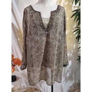 Chicos Snake Print Tunic Top Tank Set Size 3 US XL 16/18 Beaded Sheer Beige
